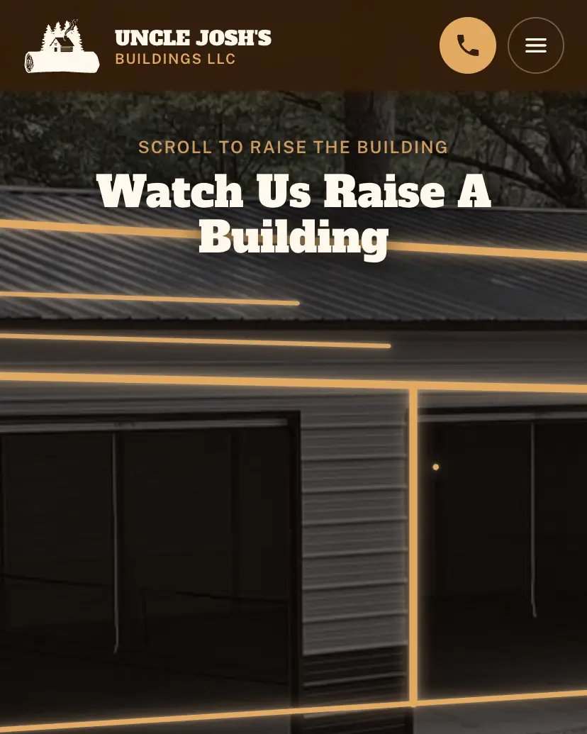 Uncle Josh's Buildings homepage — a pole barn drawing itself in an orange wireframe as the page scrolls.